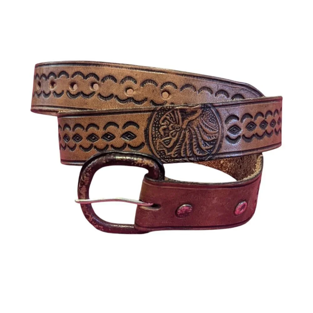 Western Tooled Leather‎ Belt Weave Boho Embossed Southwest Coastal Cowgirl VTG